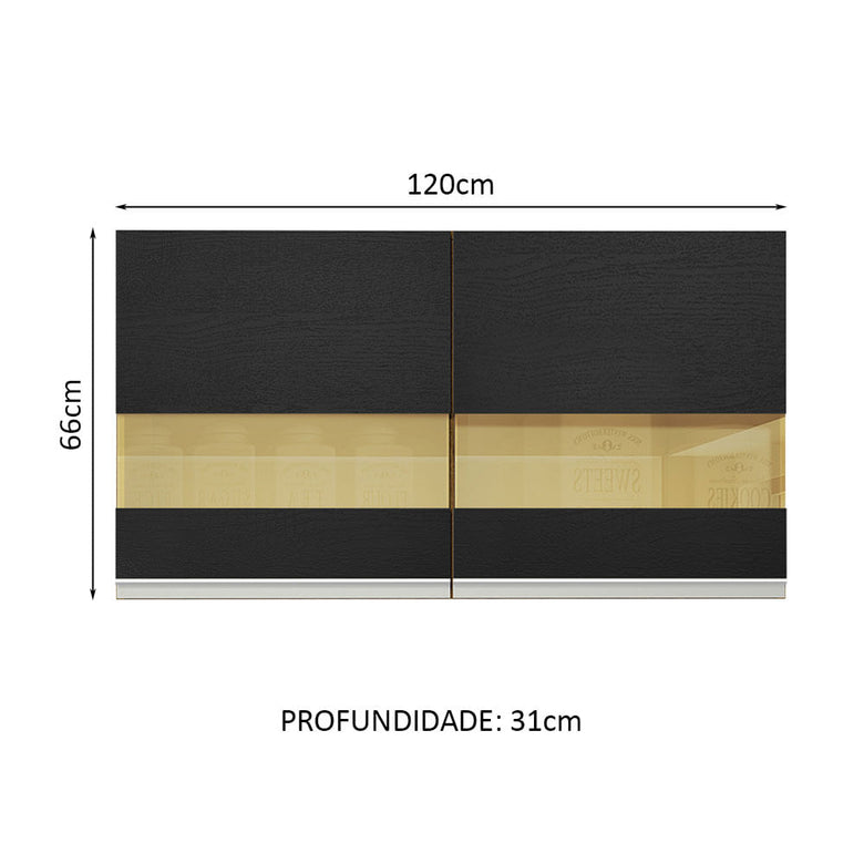 Armário Aéreo Madesa Glamy 120 cm 2 Portas com Vidro Rustic/Preto