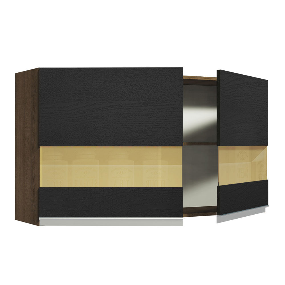Armário Aéreo Madesa Glamy 120 cm 2 Portas com Vidro Rustic/Preto