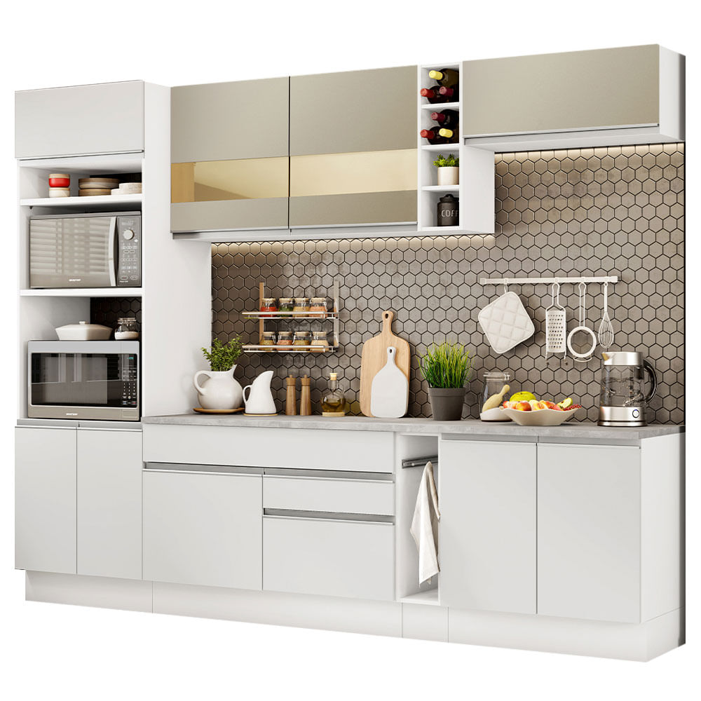 Armário de Cozinha Completa 290cm Branco/Crema Vicenza Madesa 11 - Branco/Branco/Crema