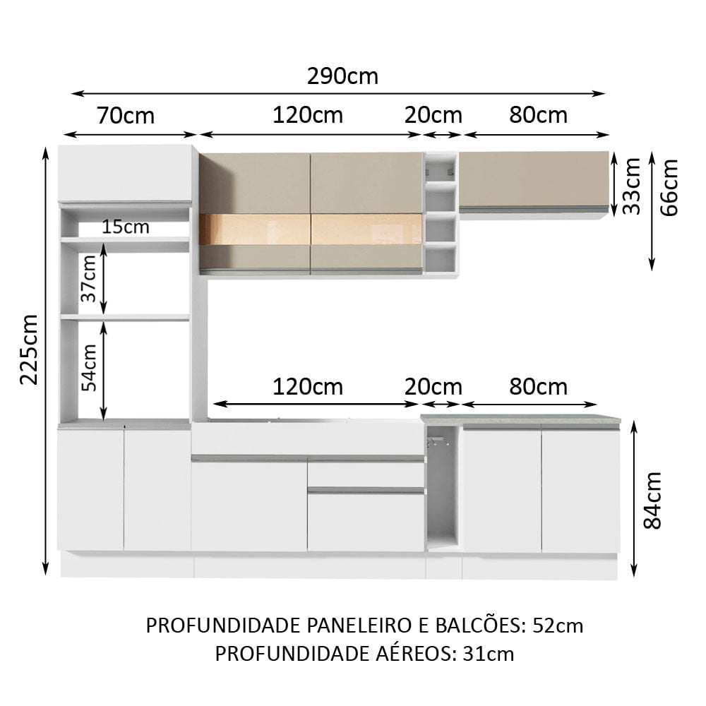 Armário de Cozinha Completa 290cm Branco/Crema Vicenza Madesa 11