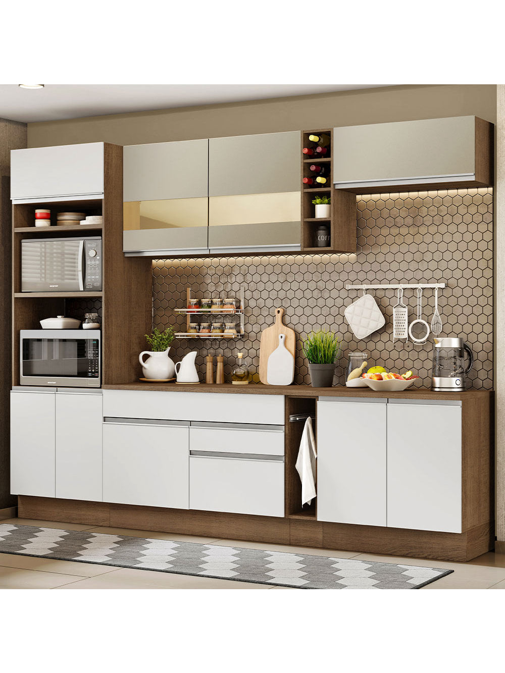 Armário de Cozinha Completa 290cm Rustic/Branco/Crema Vicenza Madesa 11 - Rustic/Crema/Branco