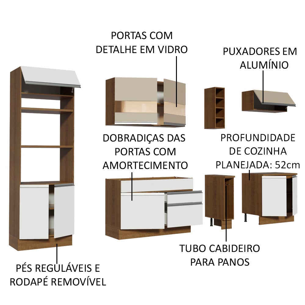 Armário de Cozinha Completa 290cm Rustic/Branco/Crema Vicenza Madesa 11