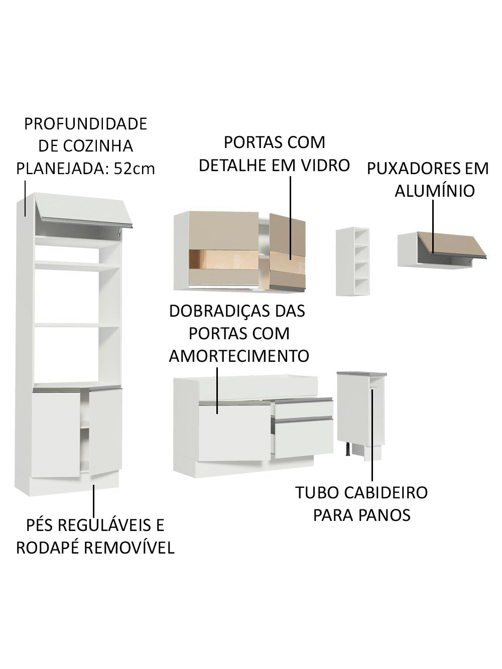 Armário de Cozinha Completa 290cm Branco/Branco/Crema Safira Madesa 13