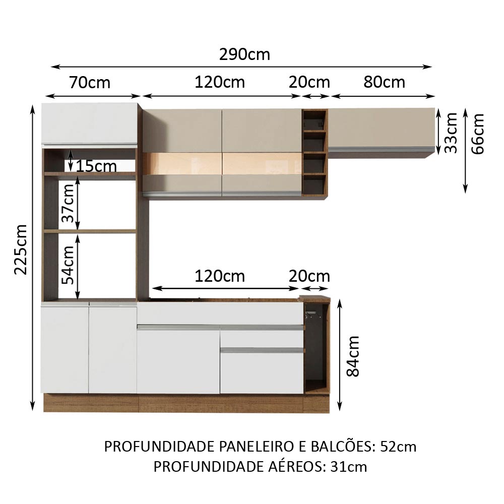 Armário de Cozinha Completa 290cm Rustic/Branco/Crema Safira Madesa 13 - Rustic/Branco/Crema