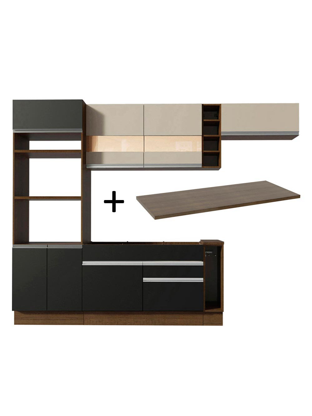 Armário de Cozinha Completa 290cm Rustic/Preto/Crema Safira Madesa 13 - Rustic/Preto/Crema