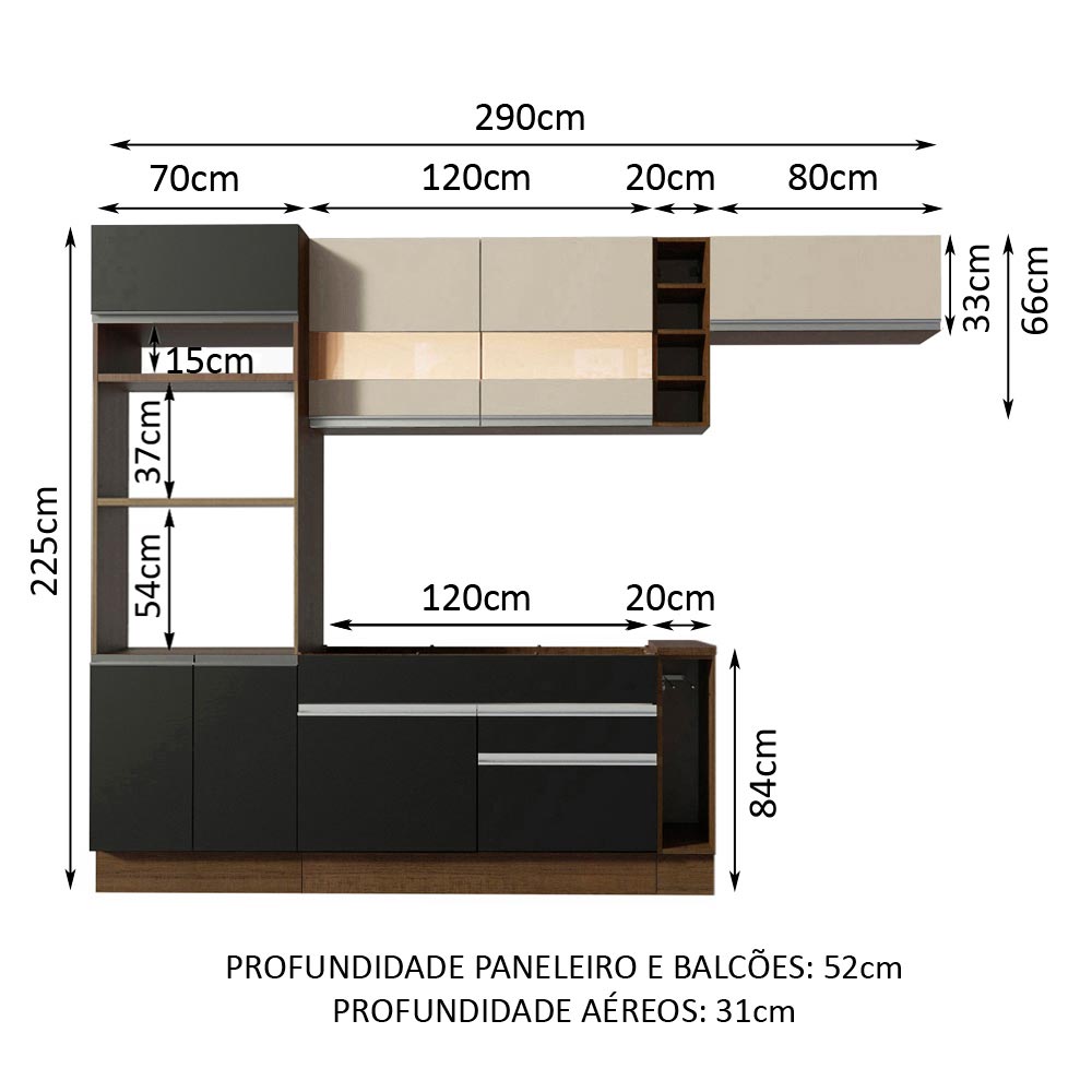 Armário de Cozinha Completa 290cm Rustic/Preto/Crema Safira Madesa 13 - Rustic/Preto/Crema