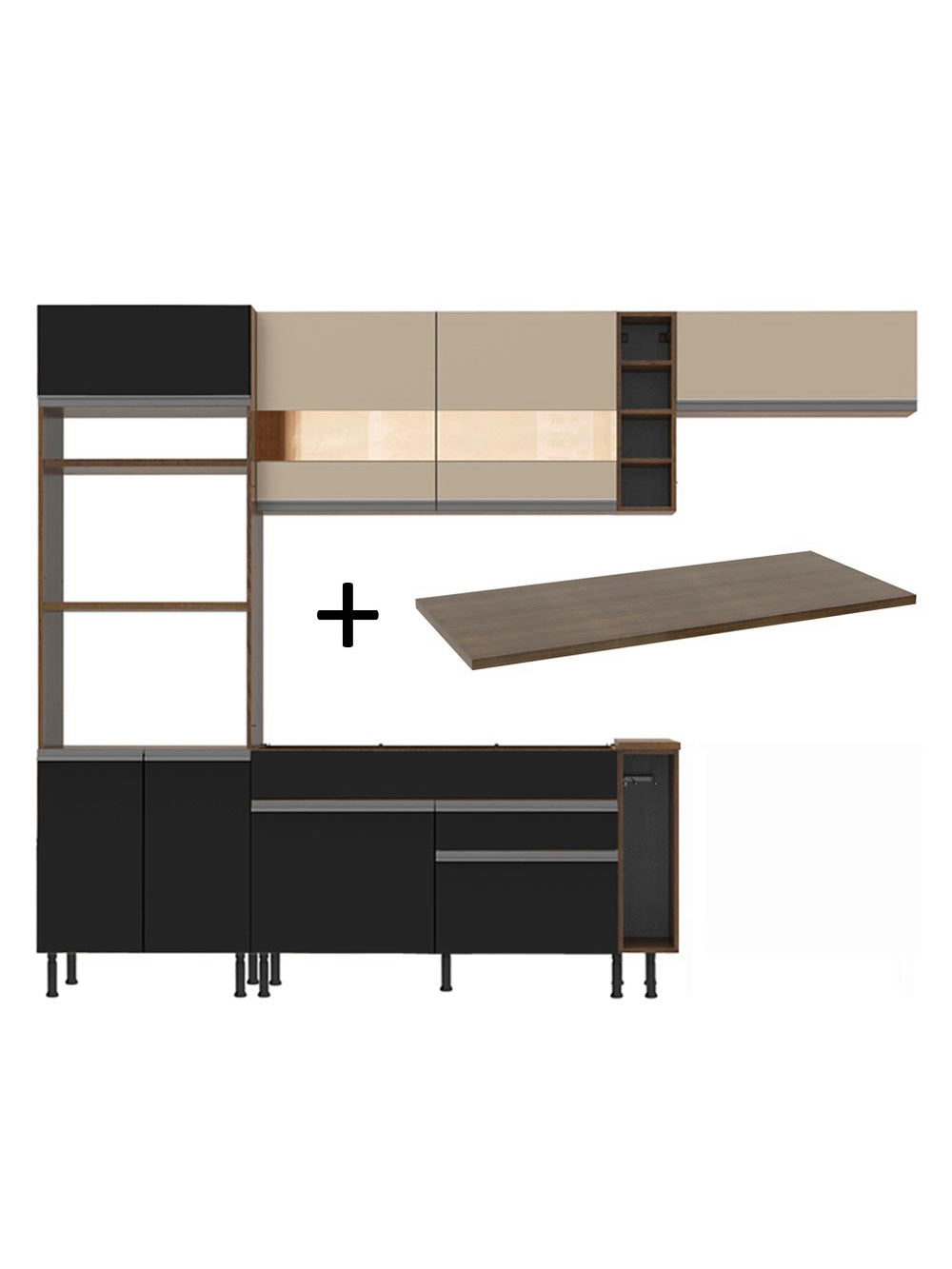 Armário de Cozinha Completa 290cm Rustic/Preto/Crema Safira Madesa 13 - Rustic/Preto/Crema