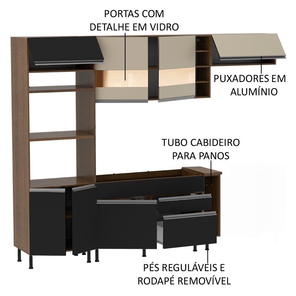 Armário de Cozinha Completa 290cm Rustic/Preto/Crema Safira Madesa 13