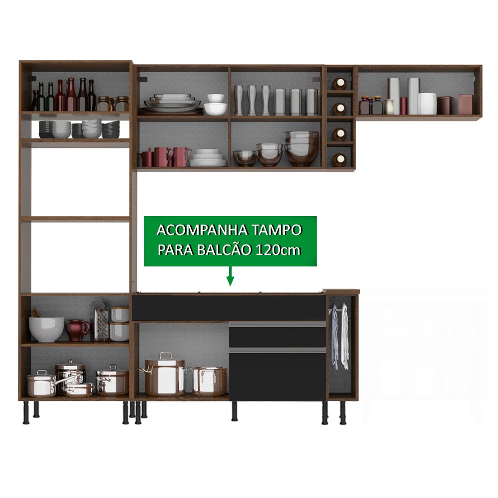 Armário de Cozinha Completa 290cm Rustic/Preto/Crema Safira Madesa 13