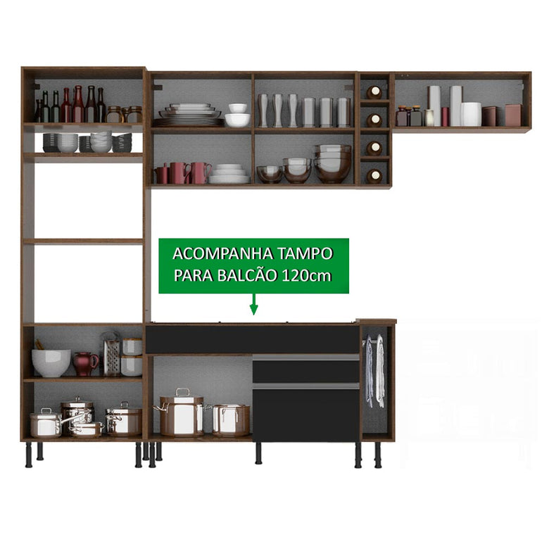 Armário de Cozinha Completa 290cm Rustic/Preto/Crema Safira Madesa 13