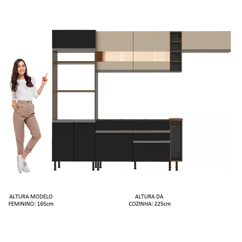 Armário de Cozinha Completa 290cm Rustic/Preto/Crema Safira Madesa 13