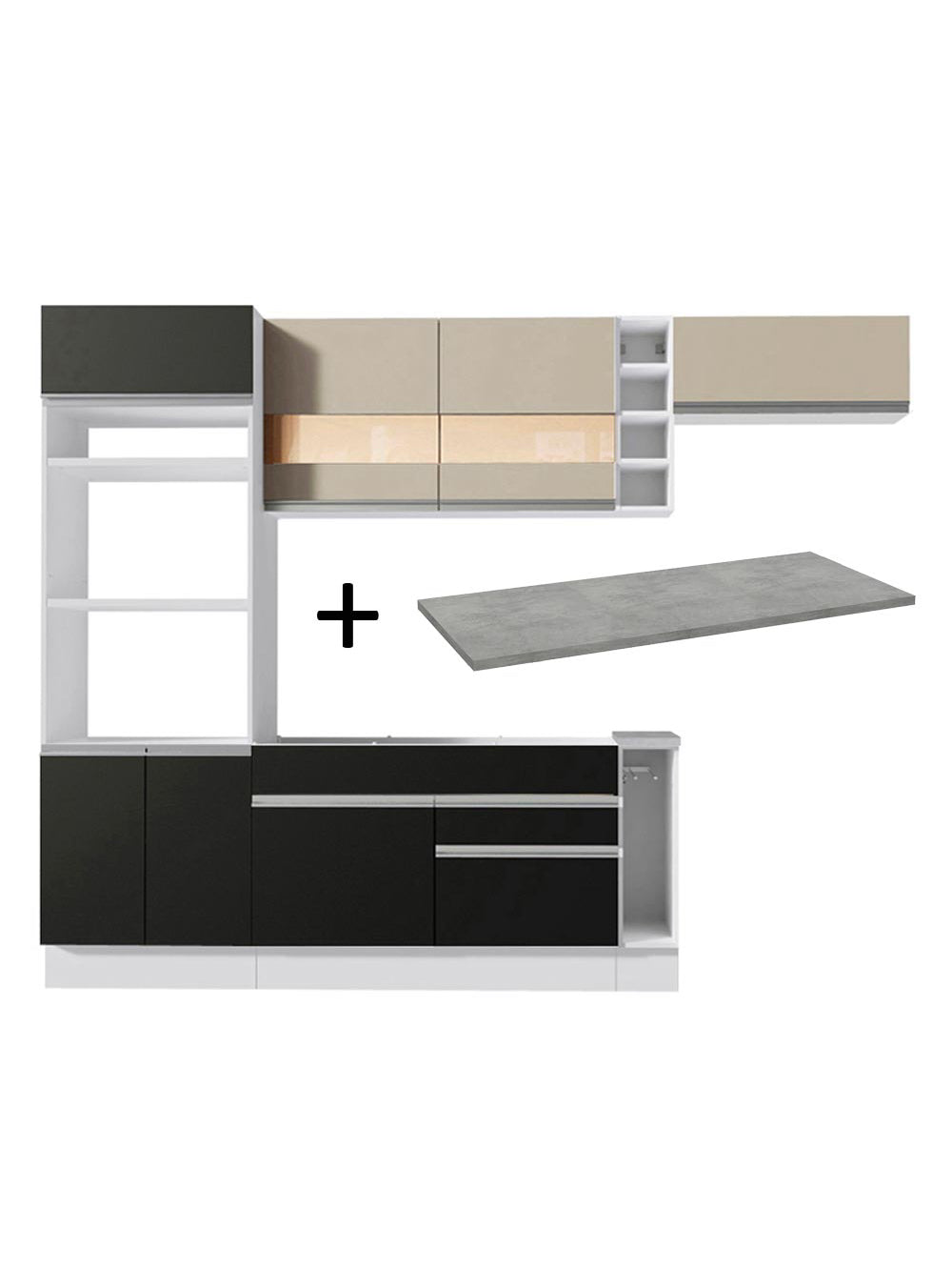 Armário de Cozinha Completa 290cm Branco/Preto/Crema Safira Madesa 13 - Branco/Preto/Crema