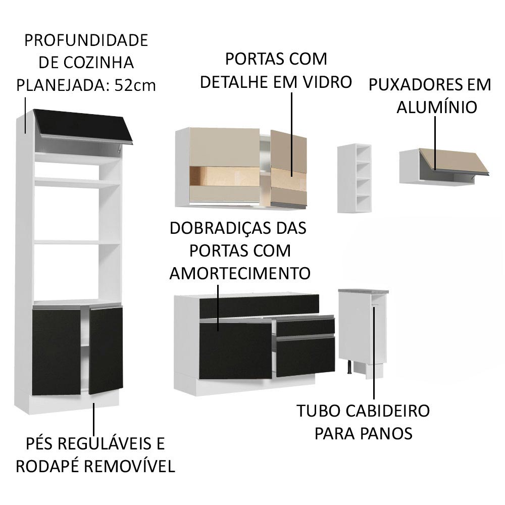 Armário de Cozinha Completa 290cm Branco/Preto/Crema Safira Madesa 13