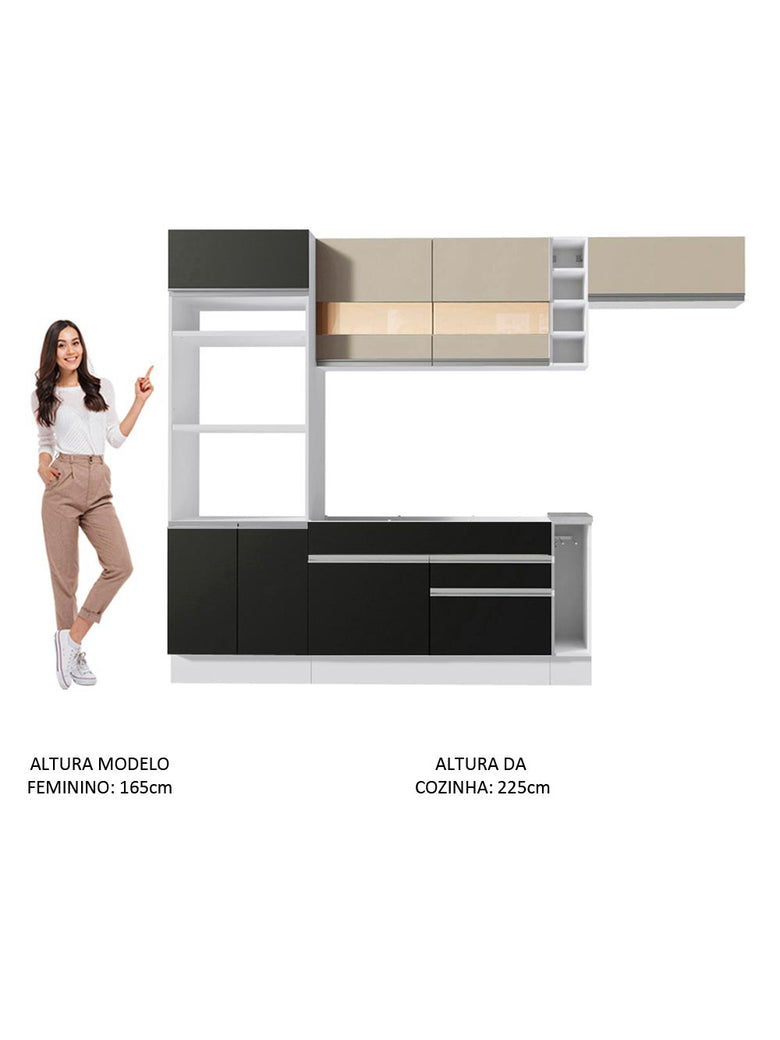 Armário de Cozinha Completa 290cm Branco/Preto/Crema Safira Madesa 13