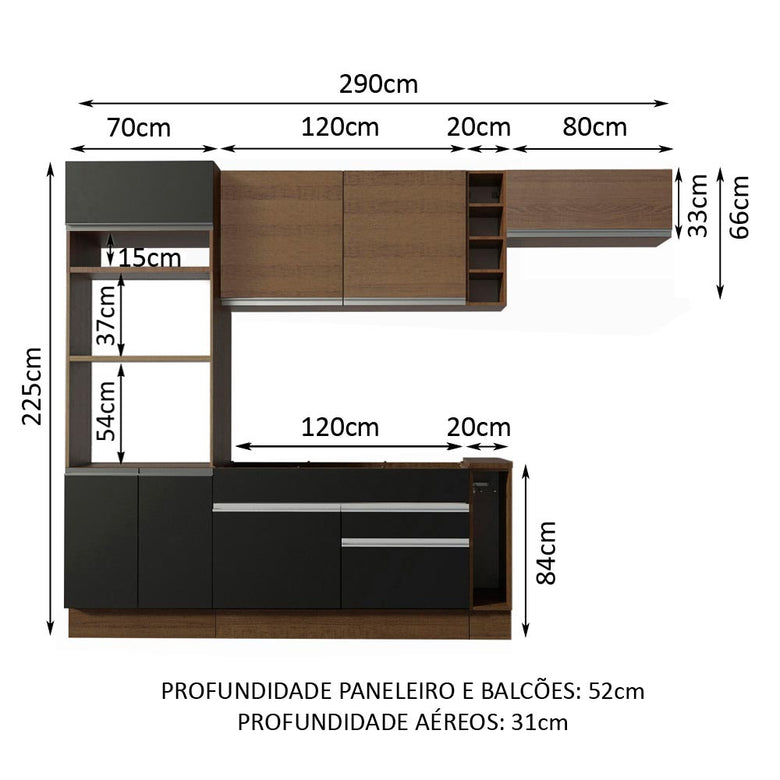 Armário de Cozinha Completa 290cm Rustic/Preto/Rustic Safira Madesa 14
