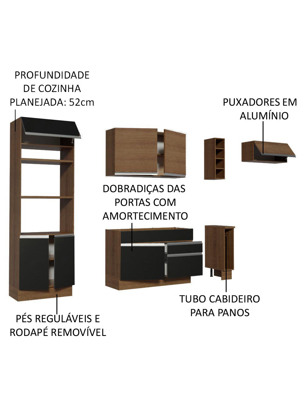 Armário de Cozinha Completa 290cm Rustic/Preto/Rustic Safira Madesa 14