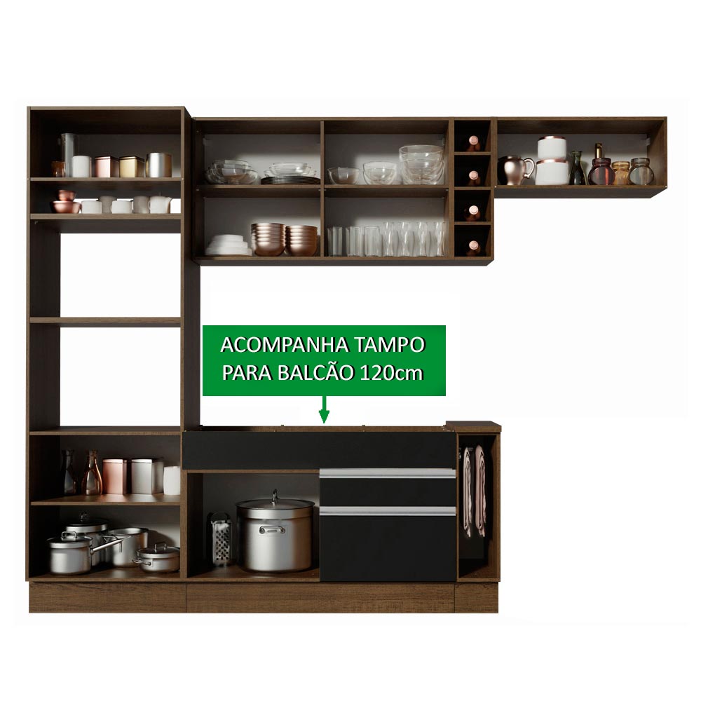 Armário de Cozinha Completa 290cm Rustic/Preto/Rustic Safira Madesa 14