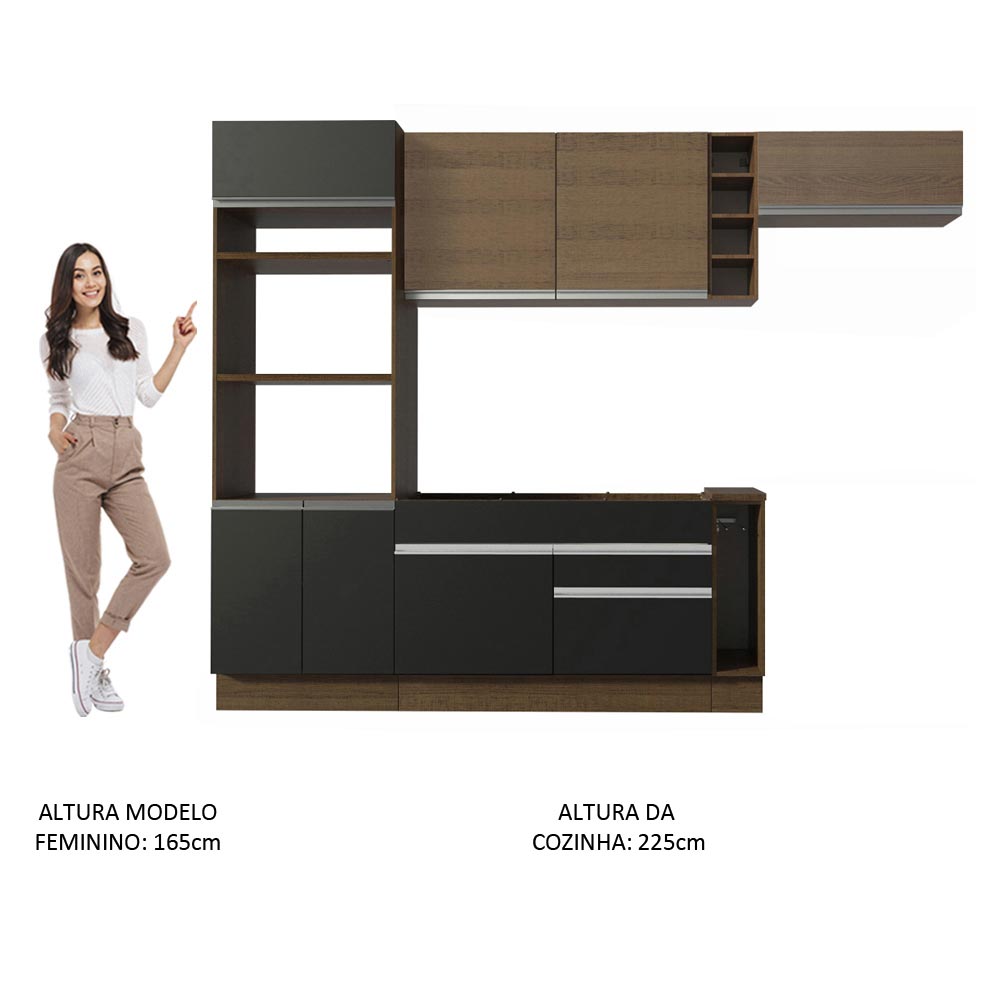 Armário de Cozinha Completa 290cm Rustic/Preto/Rustic Safira Madesa 14