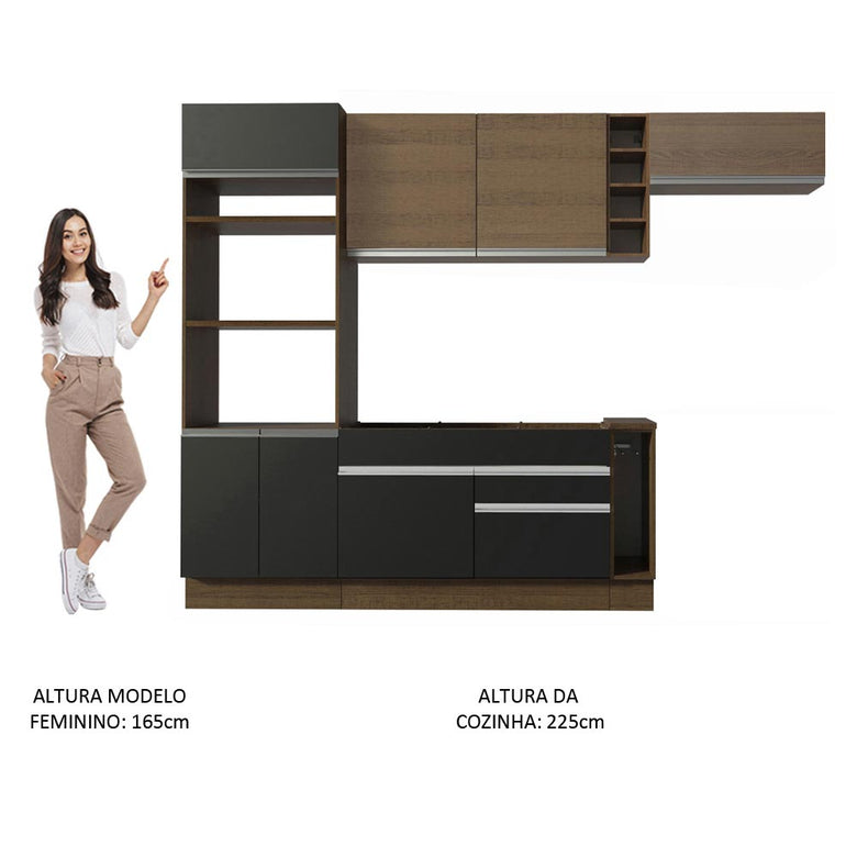 Armário de Cozinha Completa 290cm Rustic/Preto/Rustic Safira Madesa 14
