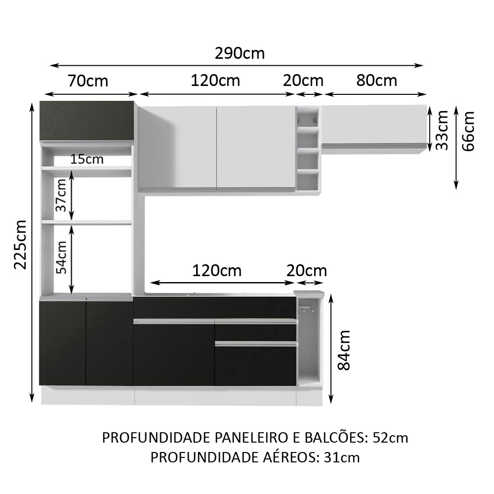 Armário de Cozinha Completa 290cm Branco/Preto/Branco Safira Madesa 14 - Branco/Preto/Branco