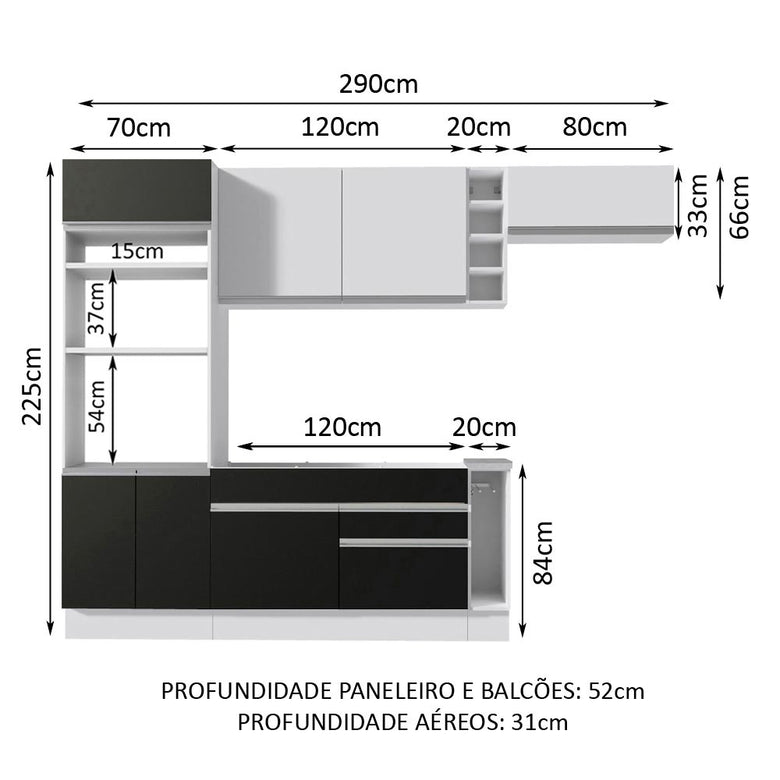 Armário de Cozinha Completa 290cm Branco/Preto/Branco Safira Madesa 14