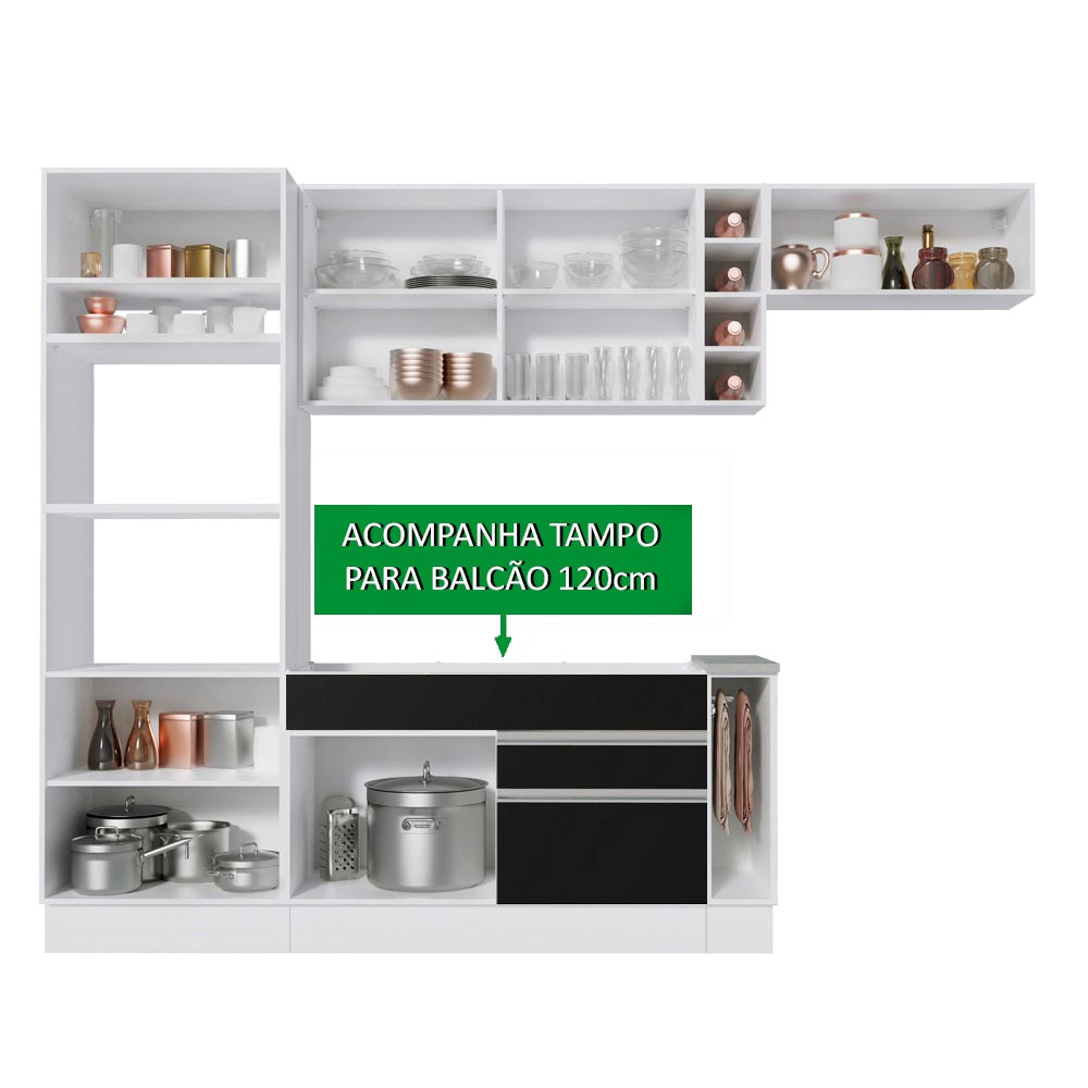 Armário de Cozinha Completa 290cm Branco/Preto/Branco Safira Madesa 14