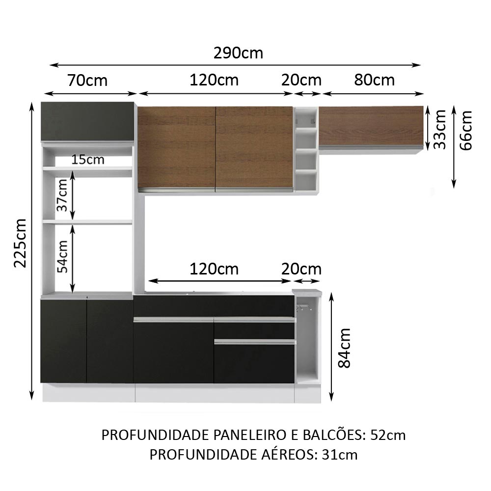 Armário de Cozinha Completa 290cm Branco/Preto/Rustic Safira Madesa 14 - Branco/Preto/Rustic