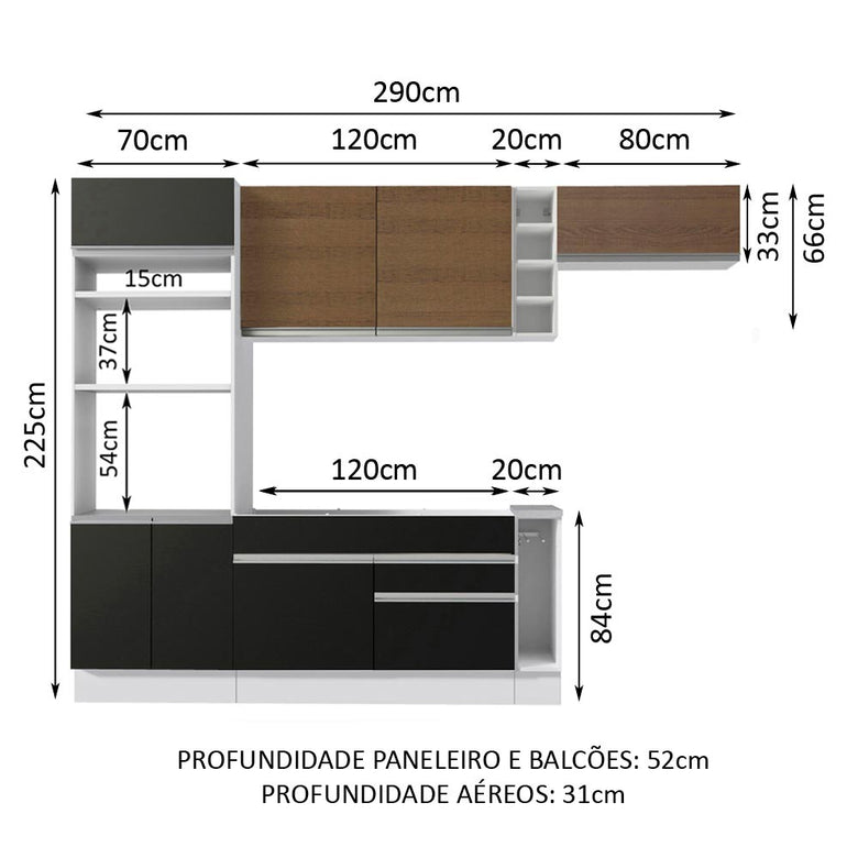 Armário de Cozinha Completa 290cm Branco/Preto/Rustic Safira Madesa 14