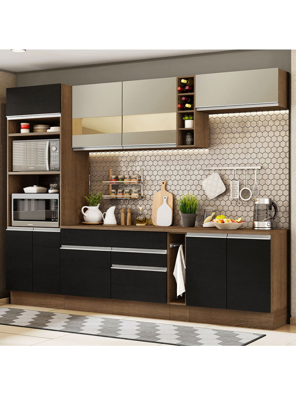 Armário de Cozinha Completa 290cm Rustic/Preto/Crema Vicenza Madesa 15 - Rustic/Preto/Crema