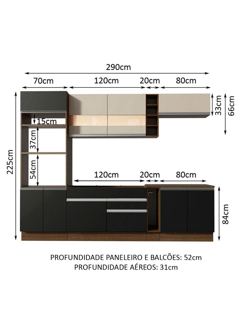 Armário de Cozinha Completa 290cm Rustic/Preto/Crema Vicenza Madesa 15