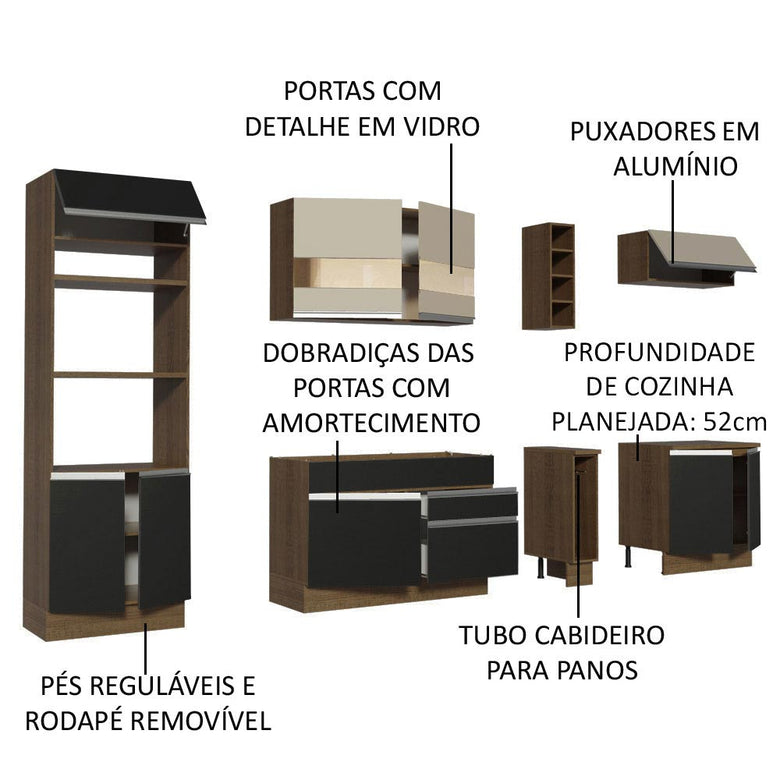 Armário de Cozinha Completa 290cm Rustic/Preto/Crema Vicenza Madesa 15