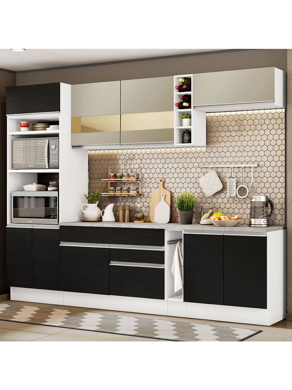 Armário de Cozinha Completa 290cm Branco/Preto/Crema Vicenza Madesa 15 - Branco/Preto/Crema