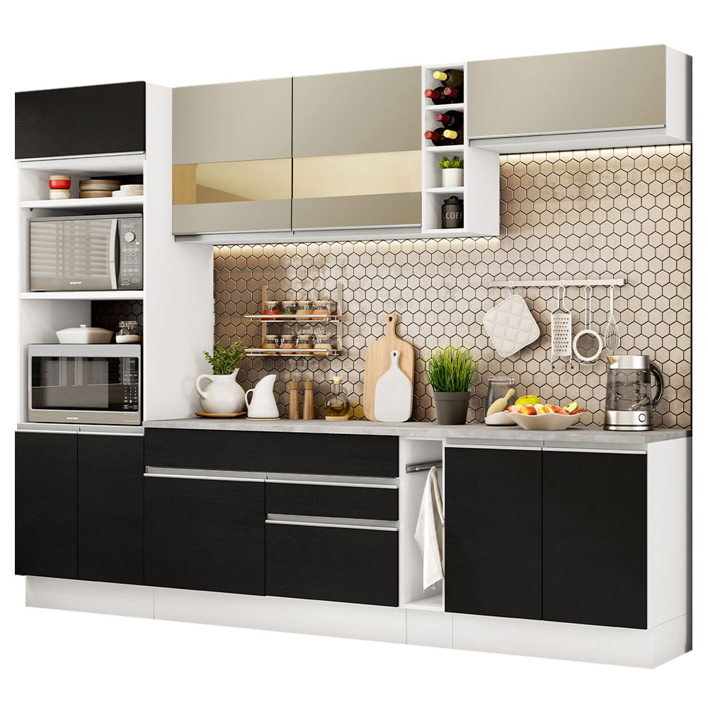 Armário de Cozinha Completa 290cm Branco/Preto/Crema Vicenza Madesa 15 - Branco/Preto/Crema