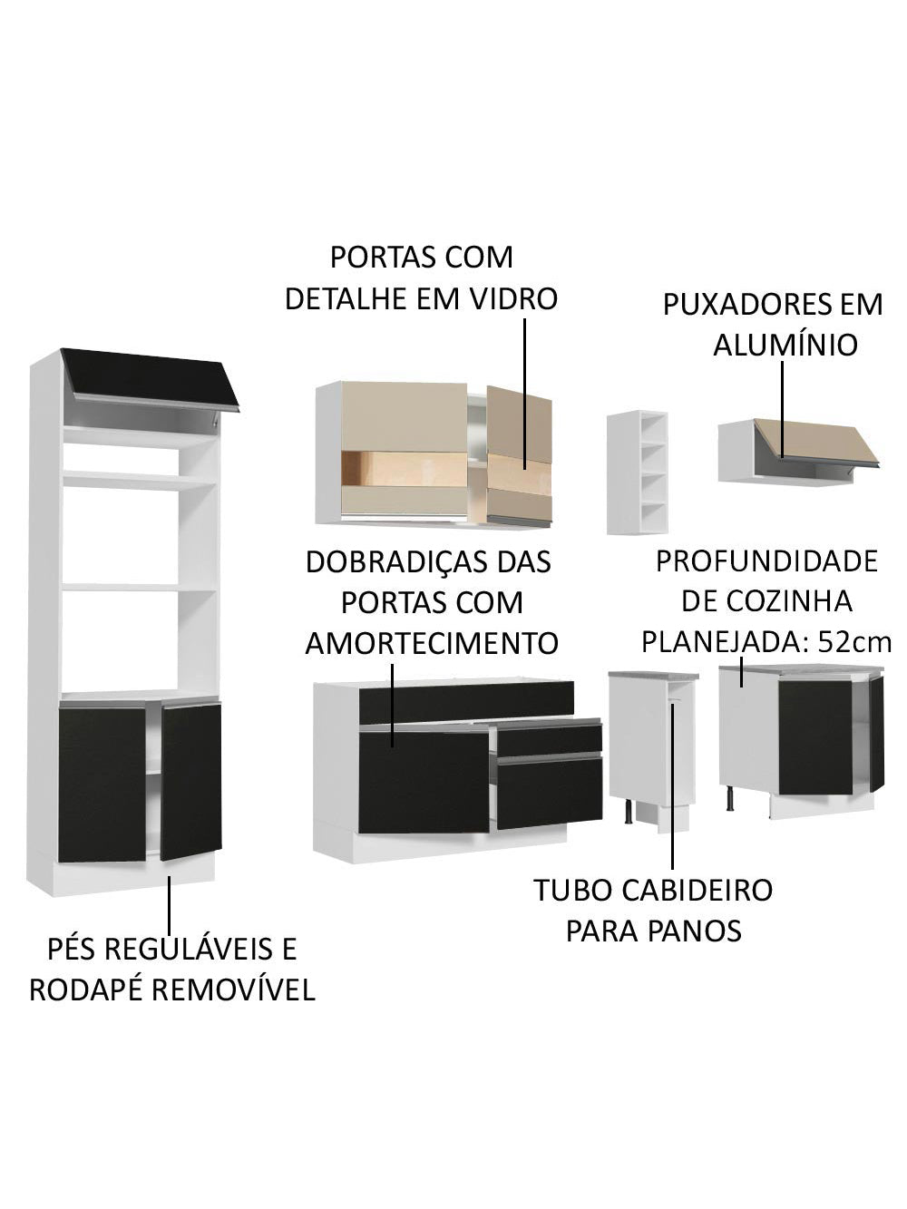 Armário de Cozinha Completa 290cm Branco/Preto/Crema Vicenza Madesa 15