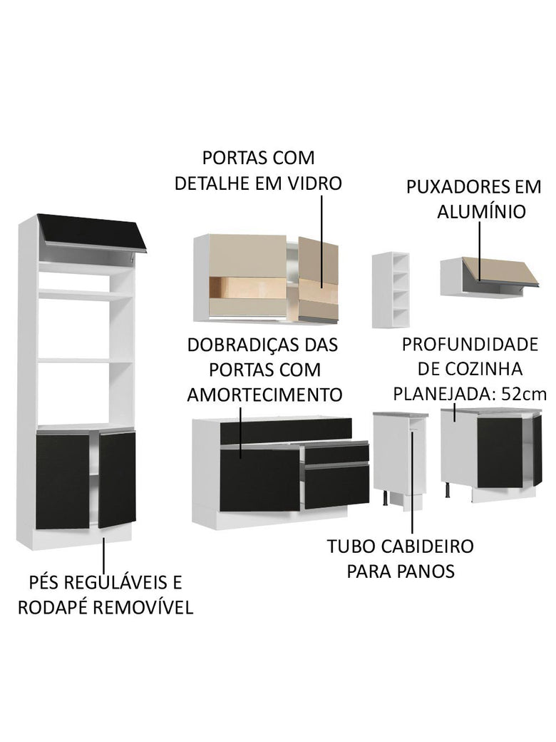 Armário de Cozinha Completa 290cm Branco/Preto/Crema Vicenza Madesa 15
