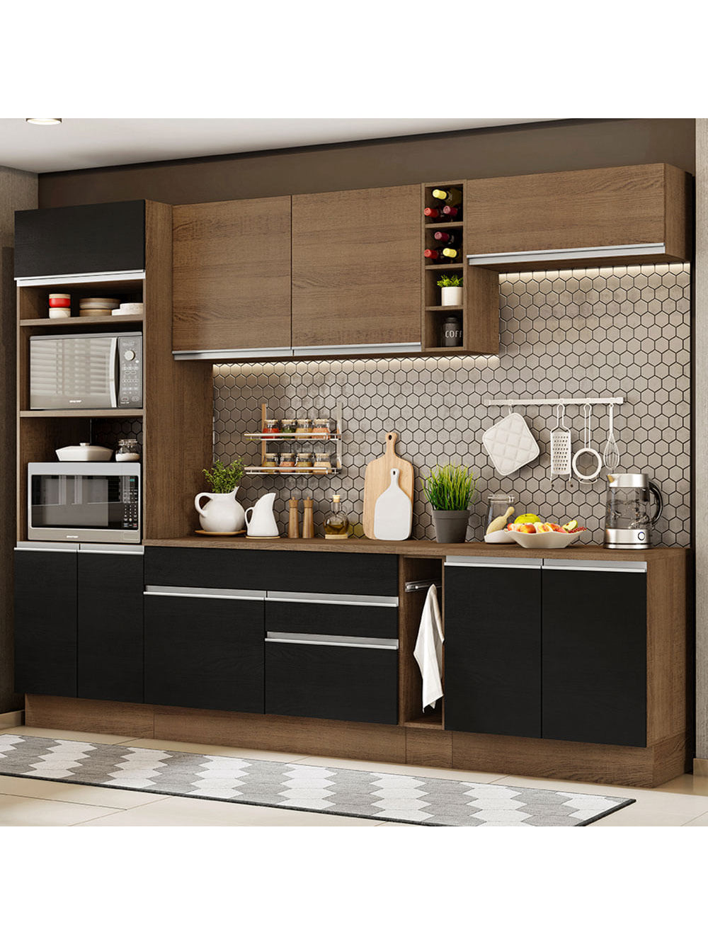 Armário de Cozinha Completa 290cm Rustic/Preto Vicenza Madesa 16 - Rustic/Preto/Rustic