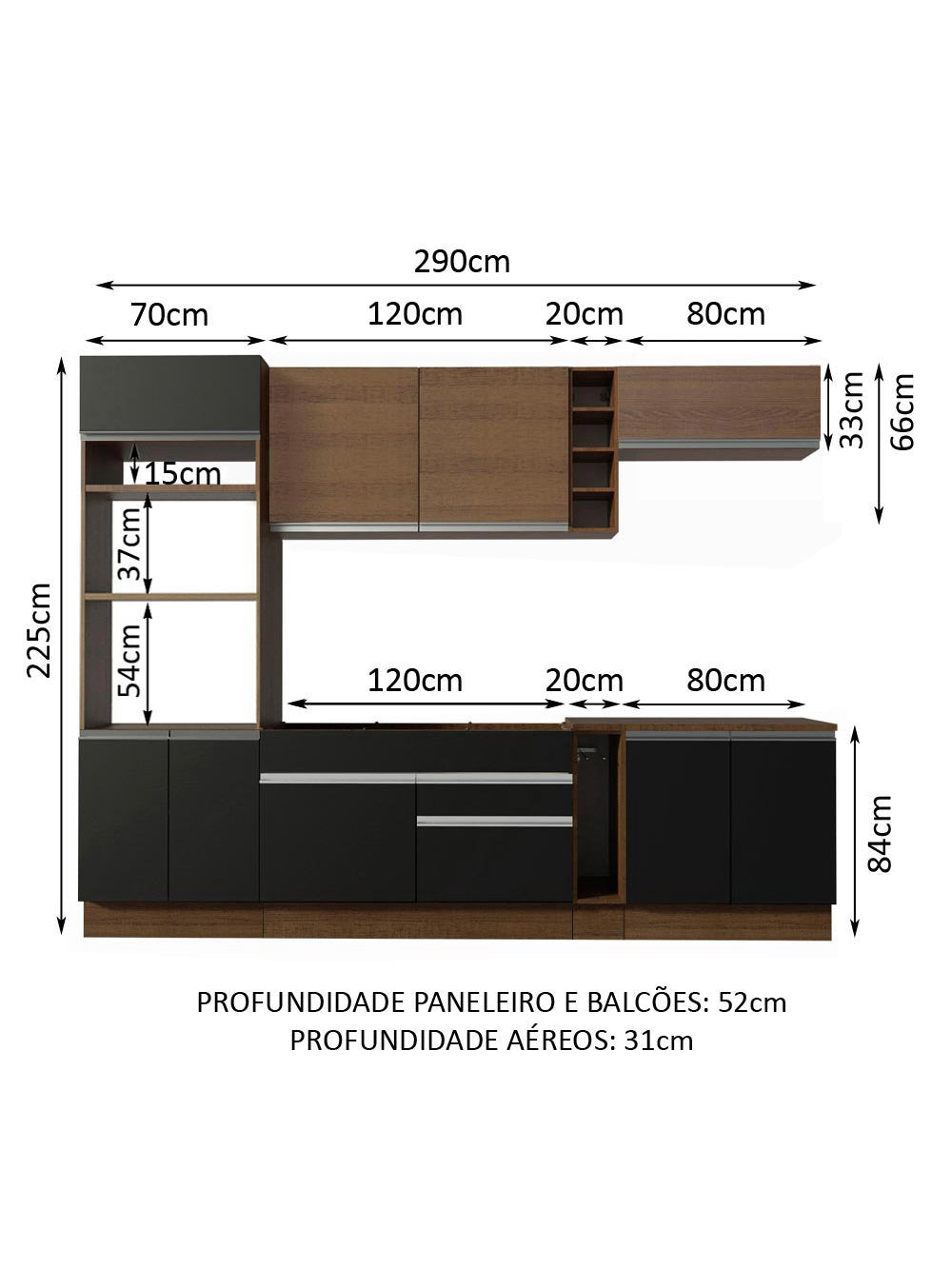Armário de Cozinha Completa 290cm Rustic/Preto Vicenza Madesa 16