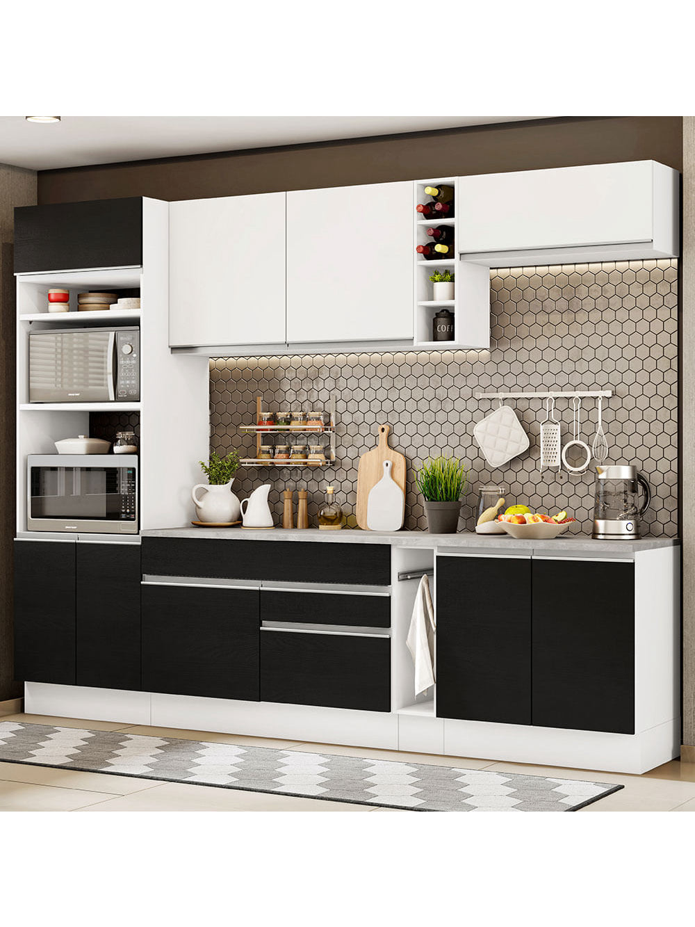 Armário de Cozinha Completa 290cm Branco/Preto Vicenza Madesa 16 - Branco/Preto/Branco