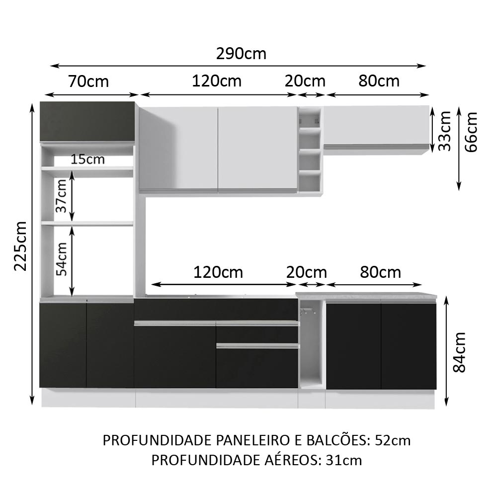 Armário de Cozinha Completa 290cm Branco/Preto Vicenza Madesa 16