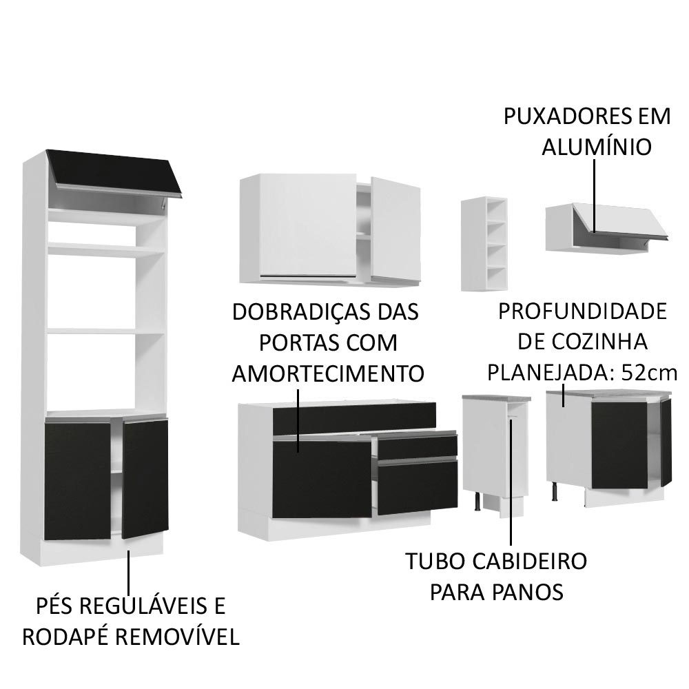 Armário de Cozinha Completa 290cm Branco/Preto Vicenza Madesa 16