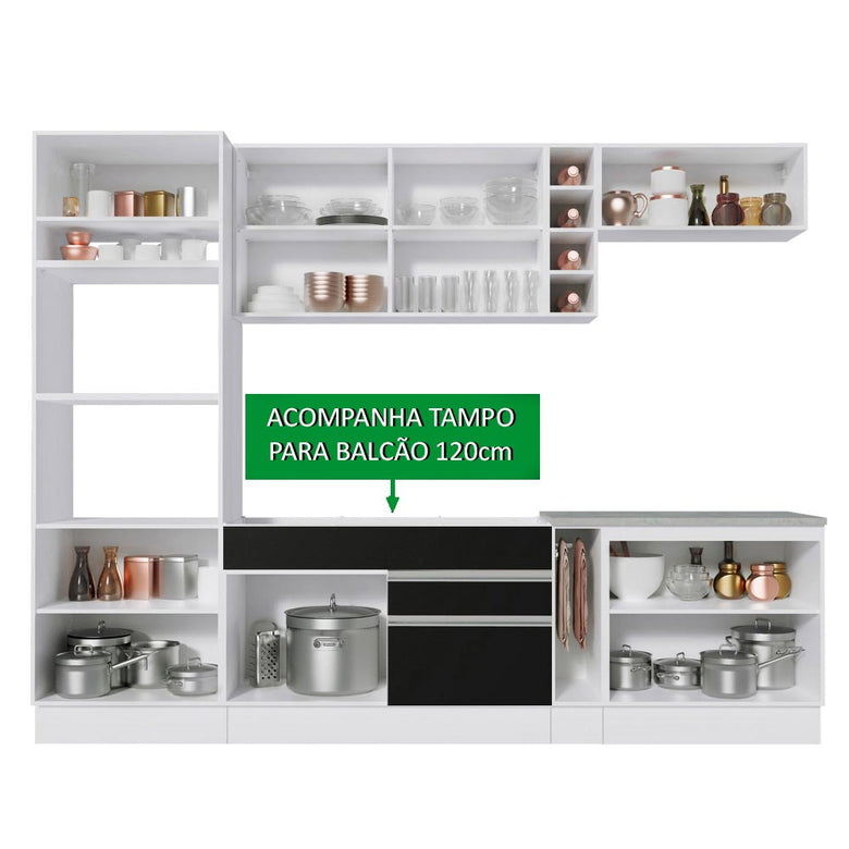 Armário de Cozinha Completa 290cm Branco/Preto Vicenza Madesa 16
