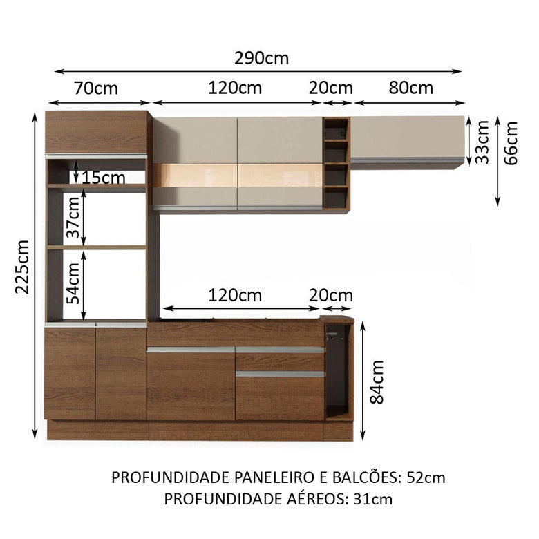 Armário de Cozinha Completa 290cm Rustic/Rustic/Crema Safira Madesa 13