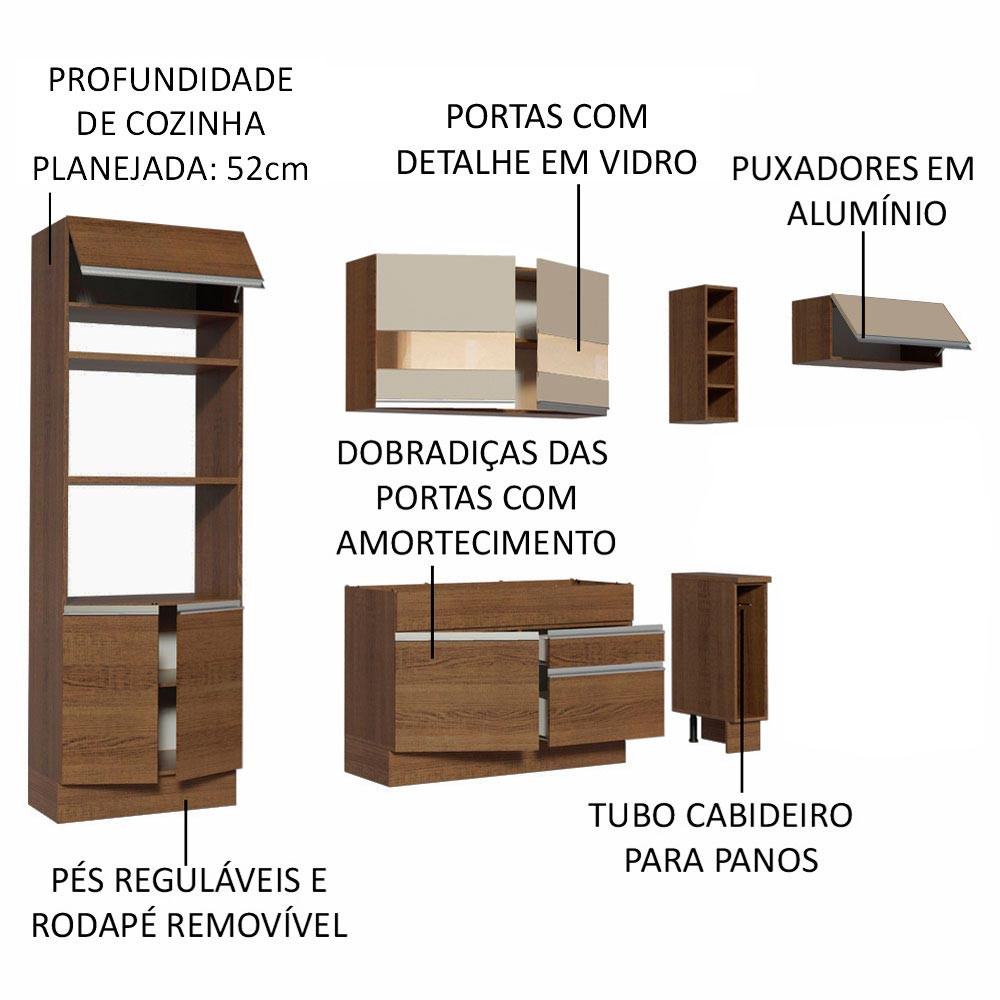 Armário de Cozinha Completa 290cm Rustic/Rustic/Crema Safira Madesa 13
