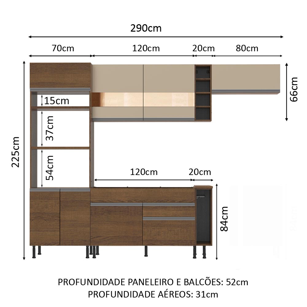 Armário de Cozinha Completa 290cm Rustic/Rustic/Crema Safira Madesa 13 - Rustic/Rustic/Crema