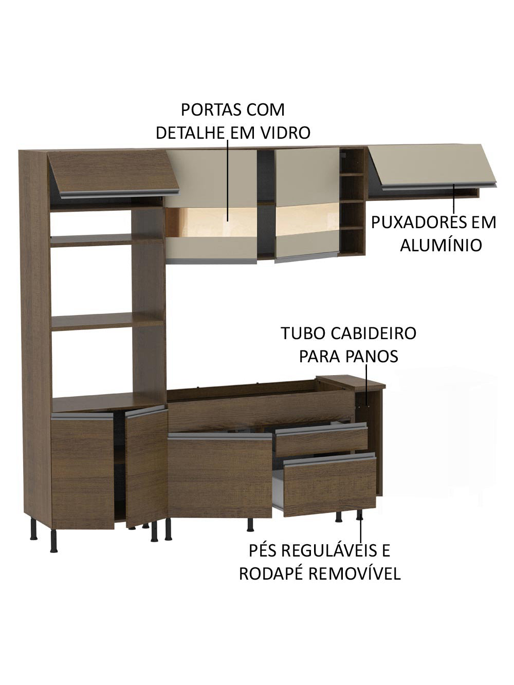 Armário de Cozinha Completa 290cm Rustic/Rustic/Crema Safira Madesa 13