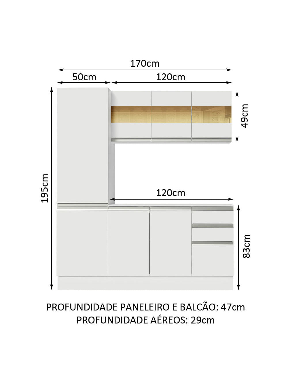 Armário de Cozinha Compacta 100% MDF 170 cm Branco Smart Madesa 01