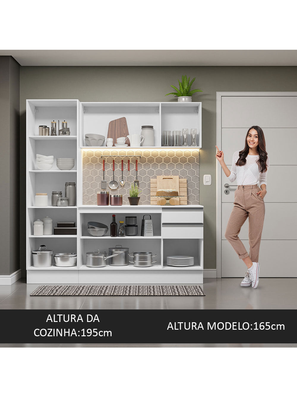 Armário de Cozinha Compacta 100% MDF 170 cm Branco Smart Madesa 01