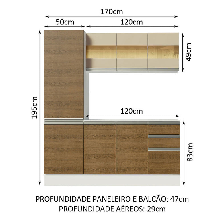 Armário de Cozinha Compacta 100% MDF 170 cm Branco/Rustic/Crema Smart Madesa 01