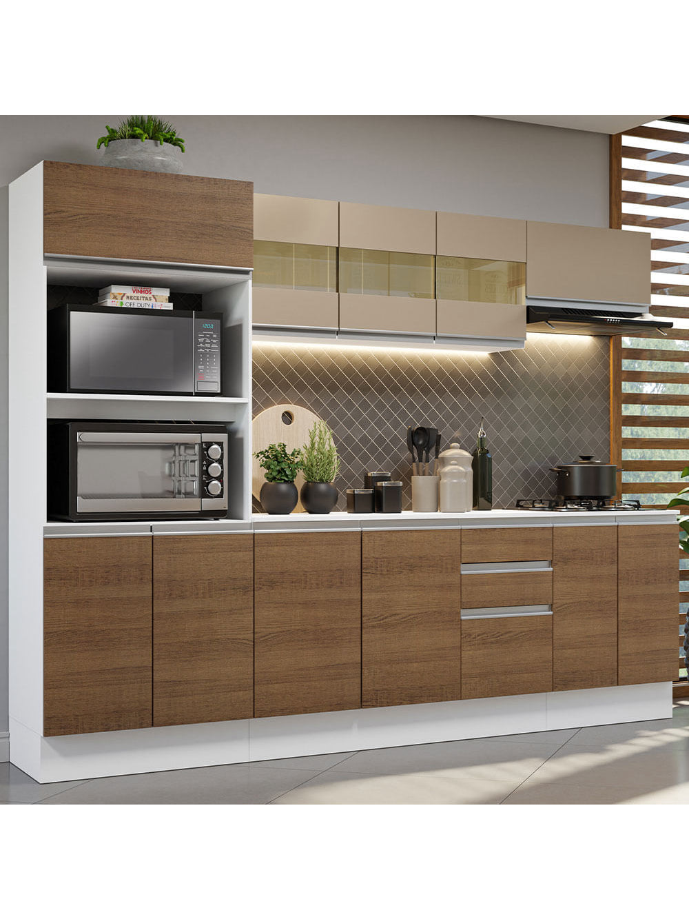 Armário de Cozinha Completa 100% MDF 250 cm Branco/Rustic/Crema Smart Madesa 01 - Branco/Rustic/Crema