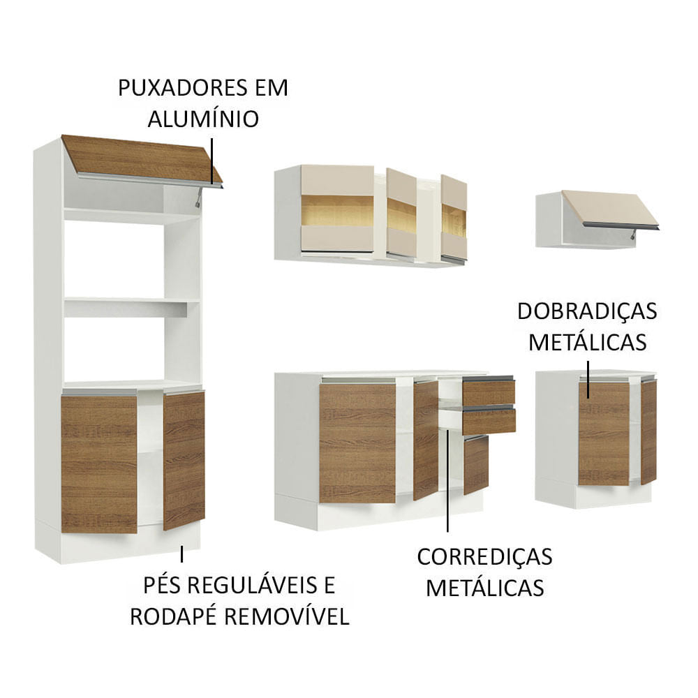 Armário de Cozinha Completa 100% MDF 250 cm Branco/Rustic/Crema Smart Madesa 01